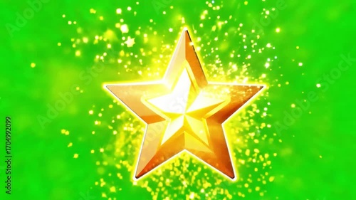 Golden Star Burst: A radiant golden star, emitting a bright glow and surrounded by sparkling particles, shines against a vibrant green backdrop, symbolizing achievement and excellence.