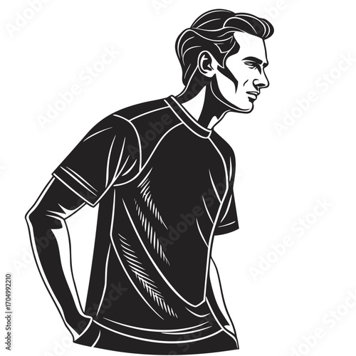 Stylized black and white illustration of a man in a t shirt