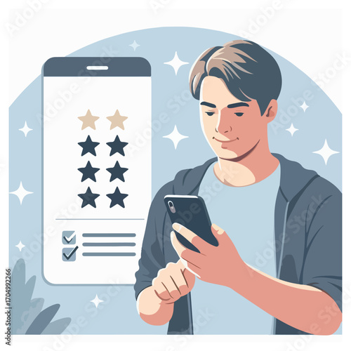 Man leaving product review on smartphone – 5-star rating
