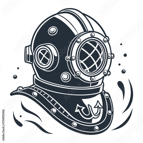 Vintage diving helmet with anchor and bubbles