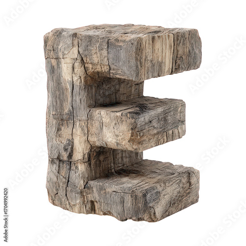 Rustic Wooden Letter E on Transparent Background