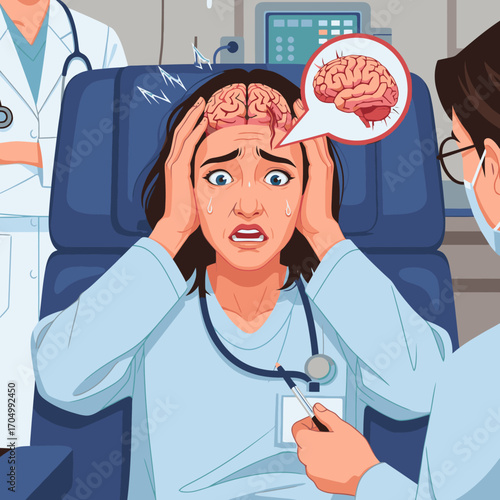 Terrified doctor experiences intense headache and brain pain during medical examination