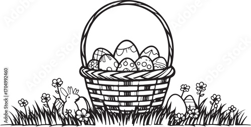 Basket with Eggs Outline Clipart | Spring, Easter, and Farm Sketch for Coloring Pages and Crafts