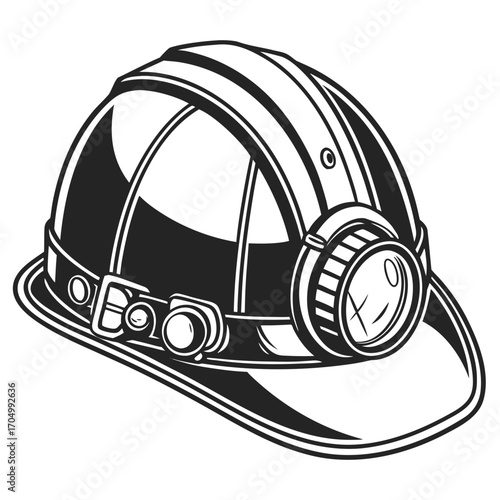 Black and white illustration of a miner s helmet with headlamp