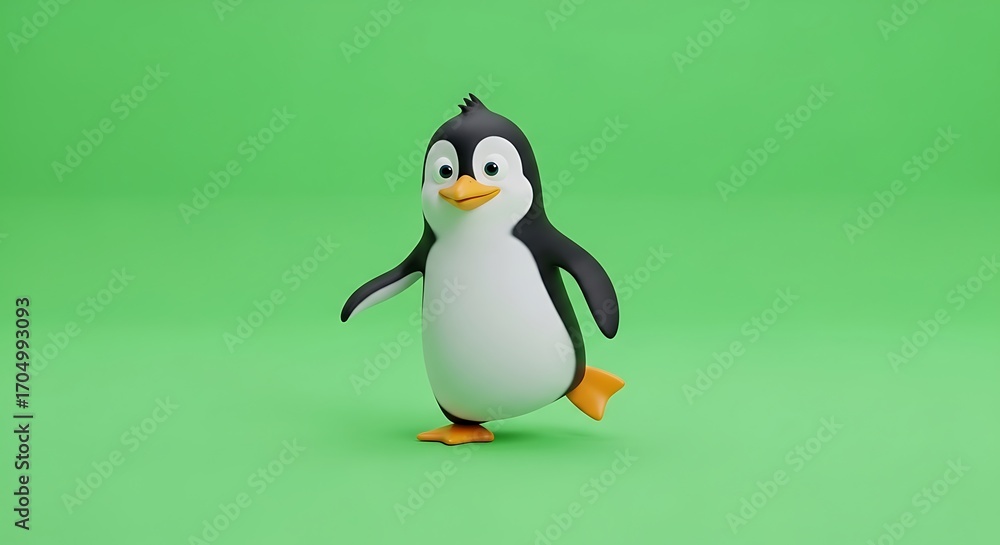Fototapeta premium Adorable Penguin Character 3D Render on Green Background Illustration