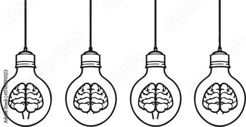 Creative Brain in Light Bulb Illustration – Conceptual Black and White Knowledge Art Design