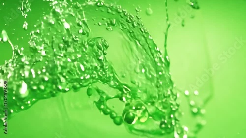 Emerald Splash: A vibrant cascade of green liquid, with countless tiny bubbles and dynamic splashes, creates an abstract and energetic visual.