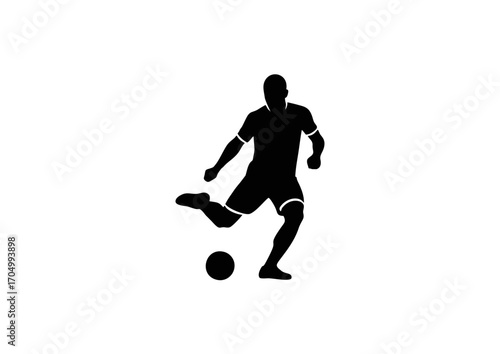 Black vector silhouette icon of a football player kicking a ball in an action pose. Minimal flat design isolated on white background. Perfect for sports branding, match graphics, apps, and event poste