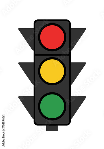 Illustration of a traffic light with red, yellow, and green lights illuminated.