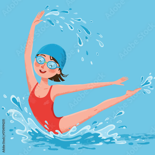 Synchronized swimmer in red swimsuit performing graceful aquatic routine with water splashes in blue pool environment 