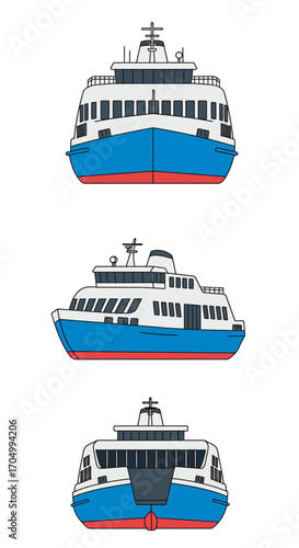Ferry boat illustrations: front, side, and back views of a blue and white passenger ferry.