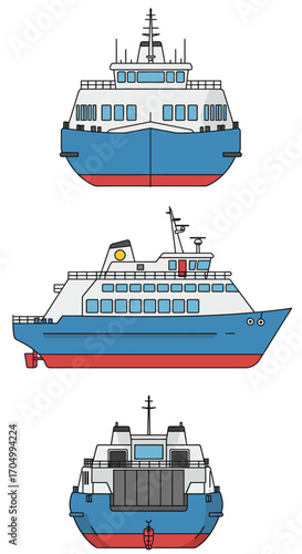 Ferry boat front, side, and back views, blue and white.
