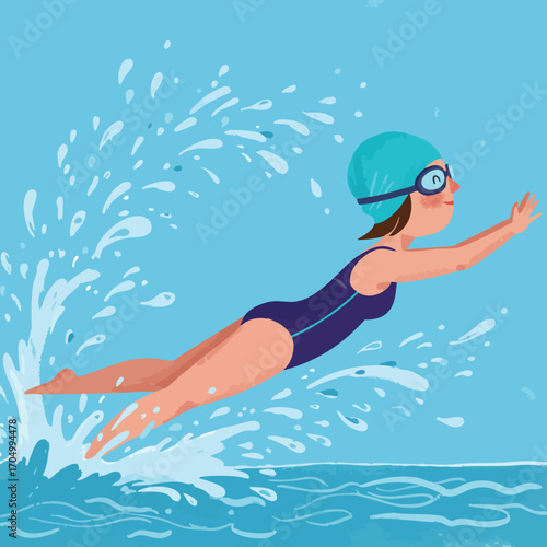 Female swimmer diving into blue water with swim cap and goggles vector illustration in summer swimwear 