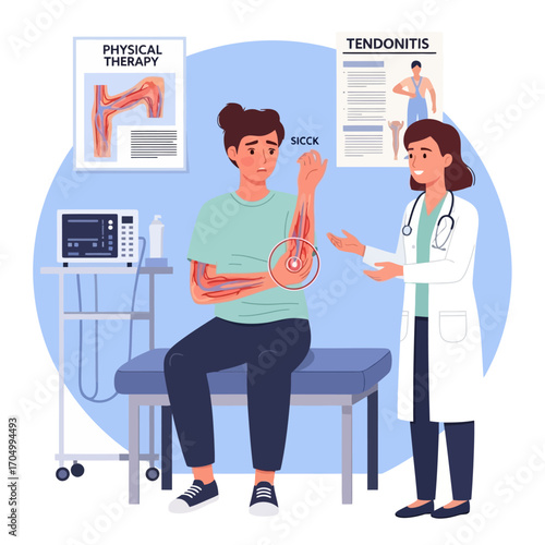 Doctor consults patient experiencing elbow pain, discussing physical therapy and tendonitis treatment options.