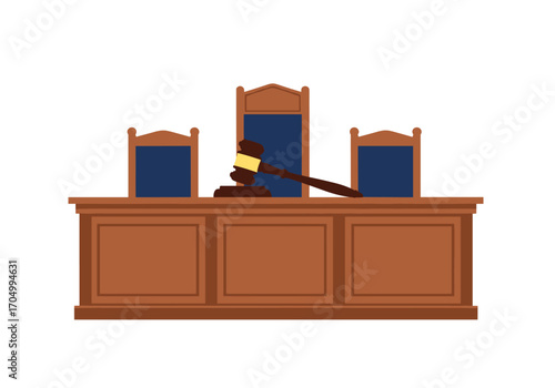 Courtroom gavel and seating arrangement for judge and jury symbolizing justice and legal proceedings