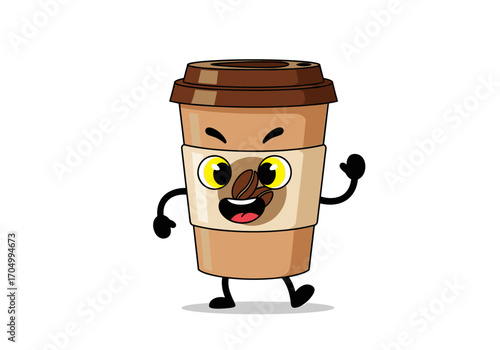 A lively coffee cup character with a big smile and waving hand