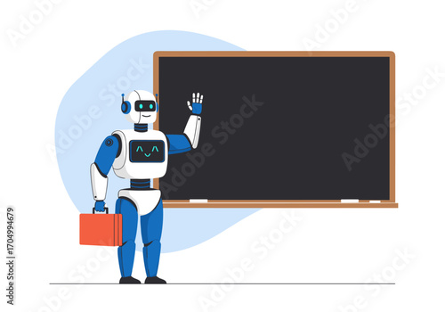 A friendly robot teacher standing next to a blackboard holding a briefcase ready to start a lesson