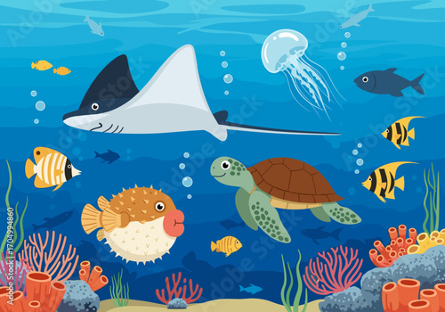 Colorful underwater scene with diverse marine life and coral reef ecosystems