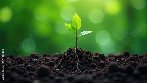 Isolated sapling, showing root system and fragile new growth , closeup, development
