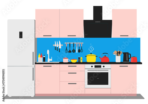 Modern pink kitchen interior design with blue backsplash and stainless steel appliances