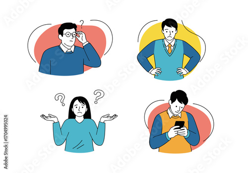 People showing confusion frustration and doubt while looking at screens and thinking hard