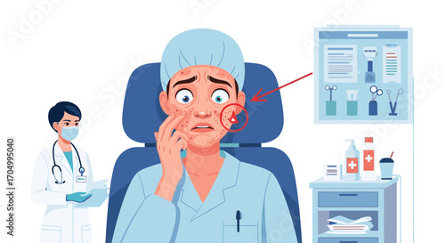 Worried patient shows acne breakout to doctor during medical consultation for skincare solutions