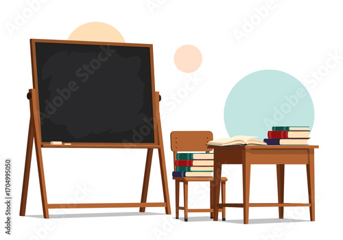 A traditional classroom scene depicting a blackboard and a wooden desk with stacked books and a chair for learning
