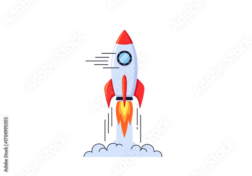 A powerful rocket ship blasts off into the vast expanse of space emitting fiery flames and smoke trails