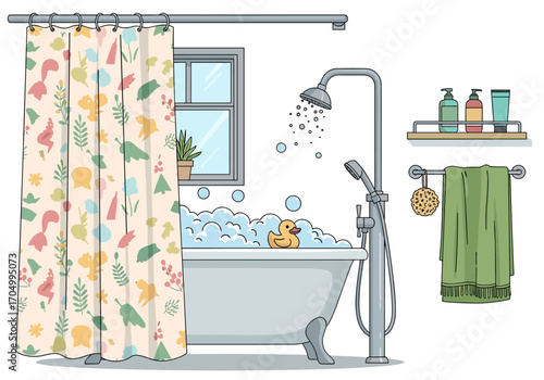 Cozy bathroom scene with bathtub shower curtain window and towels ready for a relaxing soak