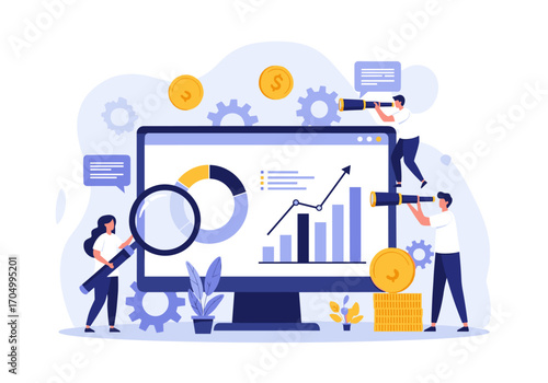 Illustrating business growth and data analysis with teamwork and financial success