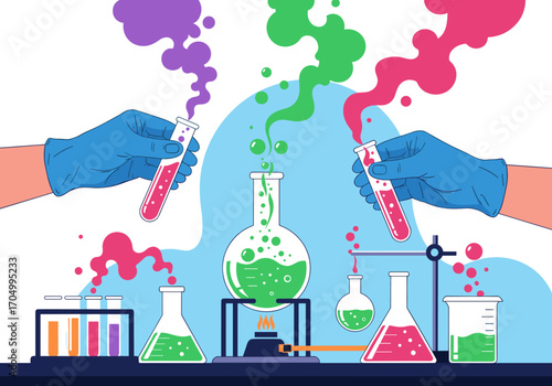 Exciting science experiments in a laboratory setting demonstrating colorful chemical reactions and bubbling liquids with specialized equipment