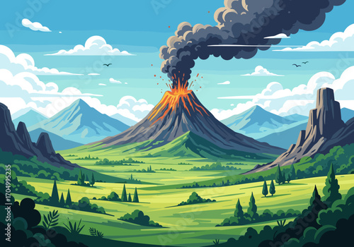 Majestic volcanic eruption in a lush green valley under a clear blue sky with fluffy clouds