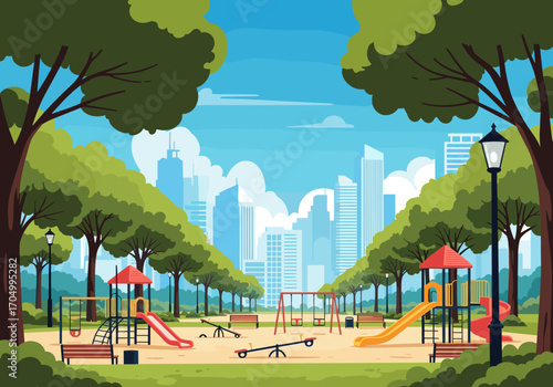 Bright sunny day in a vibrant city park playground with tall buildings in the background