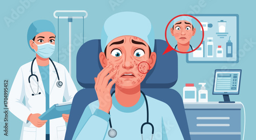 Worried patient with rosacea consults doctor in clinic for skin treatment, healthcare and dermatology concept