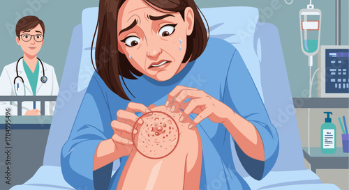 Distressed patient examines painful skin rash in hospital bed, doctor observes nearby