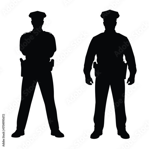 Two silhouettes of police officers standing guard in uniforms against a white background