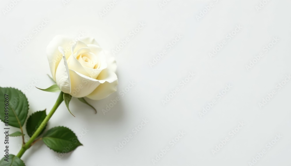 Fototapeta premium Single, perfect white rose blossom on stark white background, blossom, pure