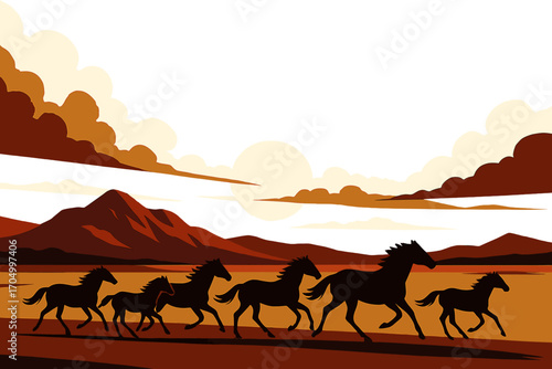 Silhouette of running horses against dramatic sunset in desert landscape
