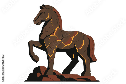 Glowing crackled horse sculpture with dramatic lighting effects