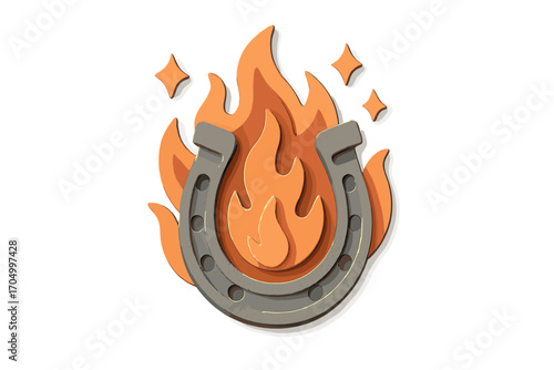 Fiery horseshoe with flames and stars on gradient background