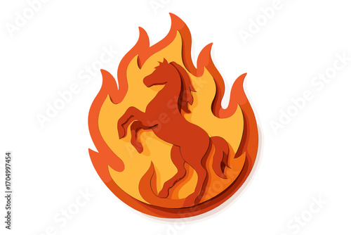 Paper art horse on fire: dynamic equine design with burning flames