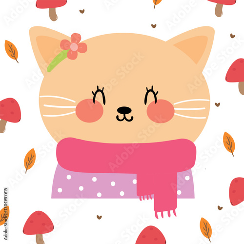 Hand drawing cartoon cat with scarf and autumn stuff. cute animal drawing, doodle for autumn