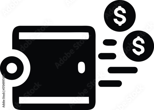 Black and white icon representing a wallet with dollar coins flying out