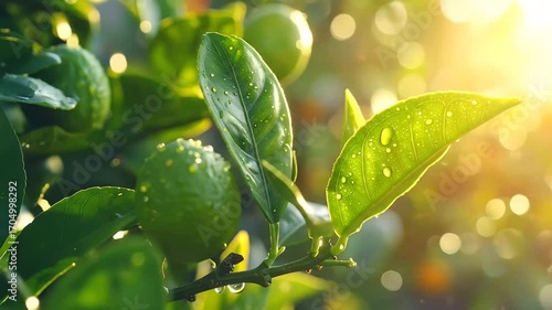 Lush Lime Tree Sprinkled with Morning Dew Shimmering in Radiant Sunlight