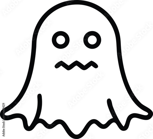 A simple, cute, black and white line art illustration of a ghost with a wavy bottom