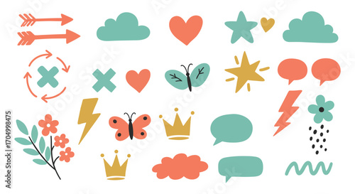 a variety of colorful icons including hearts clouds stars and flowers