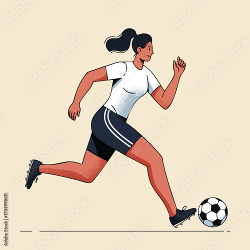Female Soccer Player Running and Kicking Ball in Athletic Sportswear Illustration Vector Artwork 