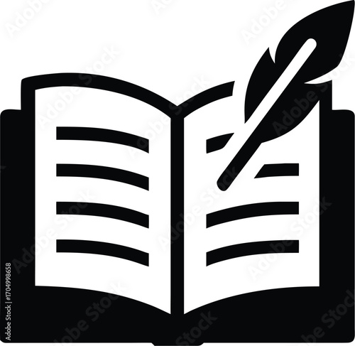 Open book with quill pen icon, symbolizing literature, writing, and knowledge