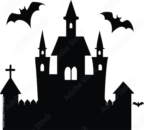 Silhouette of a spooky haunted castle with bats flying around
