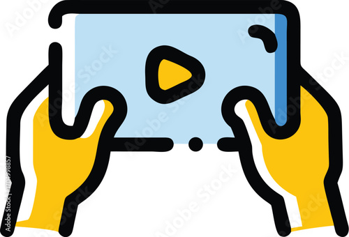 Hands holding a tablet device displaying a play button icon, symbolizing video playback or streaming